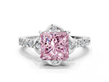 White gold Fancy Pink Princess Cut Diamond Ring with Pavé Band and Floral Prong Setting_39