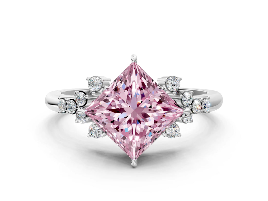 14K White Gold 1.01 Carat Pink VVS2 Princess Diamond Ring with Side Stones and Four-Prong Setting