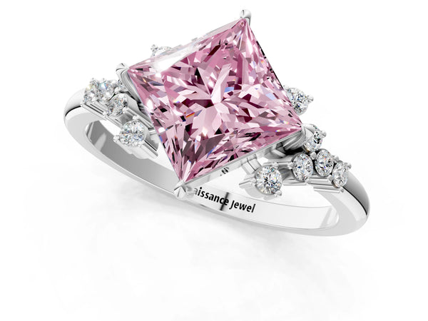 14K White Gold 1.01 Carat Pink VVS2 Princess Diamond Ring with Side Stones and Four-Prong Setting
