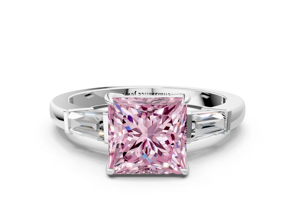 Platinum Fancy Pink Princess  Cut Diamond Ring with Tapered Baguette Side Stones in Four-Prong Setting
