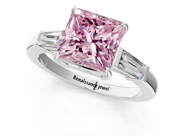 Platinum Fancy Pink Princess  Cut Diamond Ring with Tapered Baguette Side Stones in Four-Prong Setting