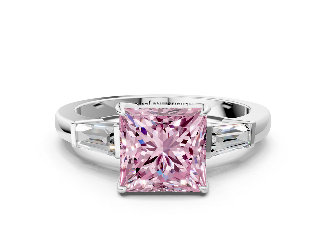 White gold Fancy Pink Princess  Cut Diamond Ring with Tapered Baguette Side Stones in Four-Prong Setting