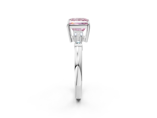 Platinum Fancy Pink Princess  Cut Diamond Ring with Tapered Baguette Side Stones in Four-Prong Setting