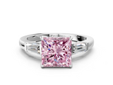 White gold Fancy Pink Princess  Cut Diamond Ring with Tapered Baguette Side Stones in Four-Prong Setting