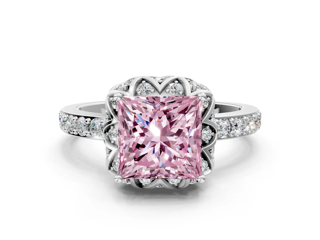 White gold Fancy Pink Princess Cut Diamond Scalloped Halo Engagement Ring with Round Shared Prong Band_37