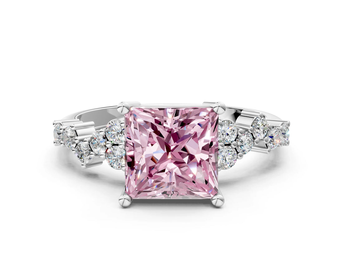 White gold Fancy Pink Princess Cut Diamond Scattered Round Accent Ring with Prong Setting_12