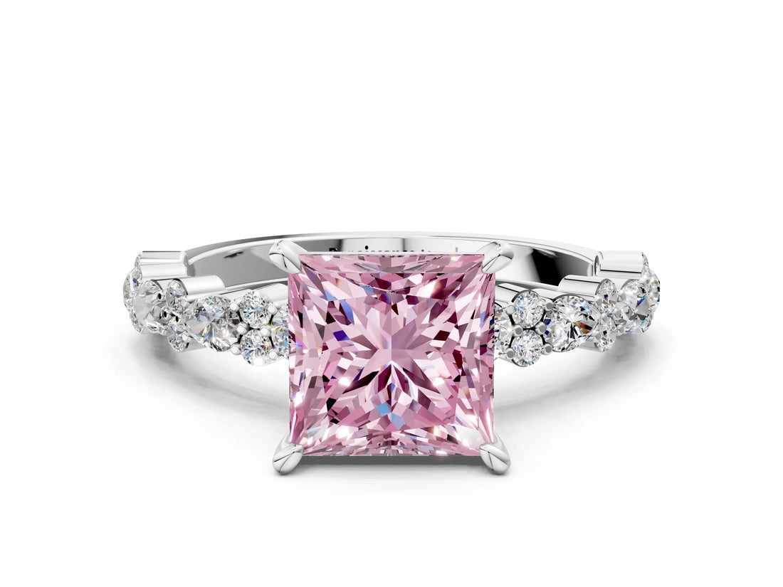 White gold Fancy Pink Princess Cut Diamond Side Stone Solitaire Ring with Round  and Four-Prong Setting_24