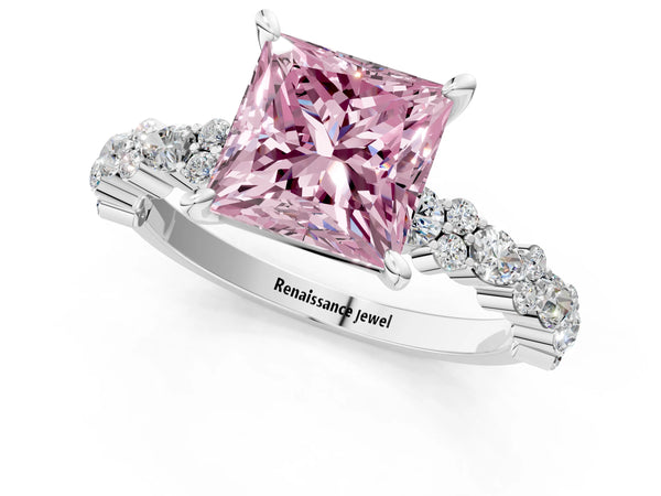 Platinum Princess Cut Pear Side Stone Engagement Ring Setting for Fancy Pink Center