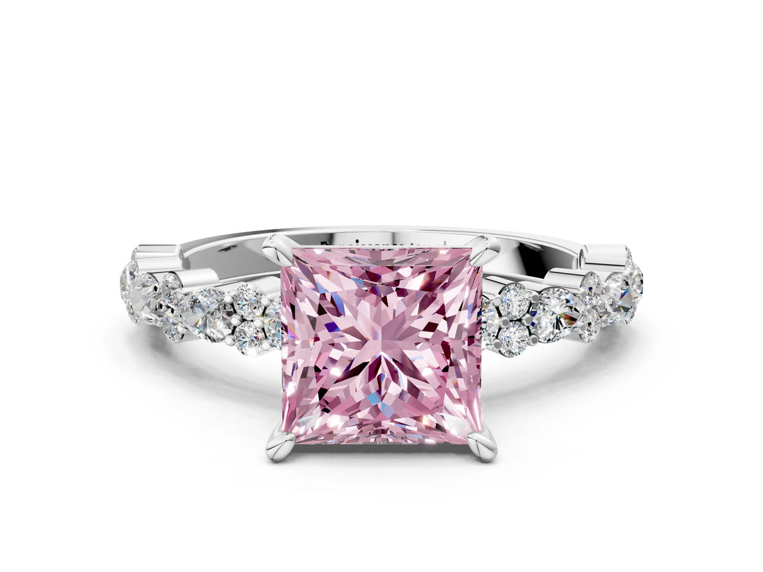 White gold Fancy Pink Princess Cut Diamond Side Stone Solitaire Ring with Round  and Four-Prong Setting_89
