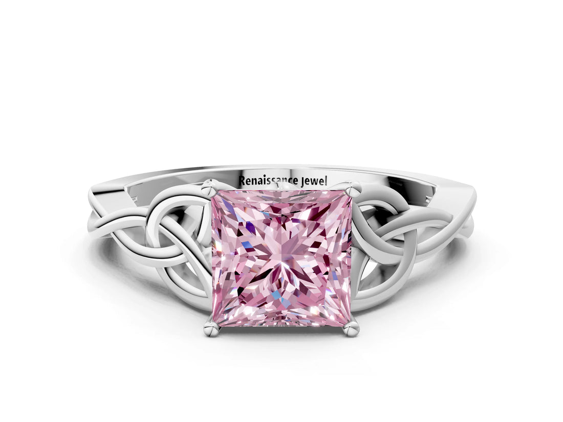 White gold Fancy Pink Princess Cut Diamond Solitaire Celtic Knot Ring with Four-Prong Setting_41