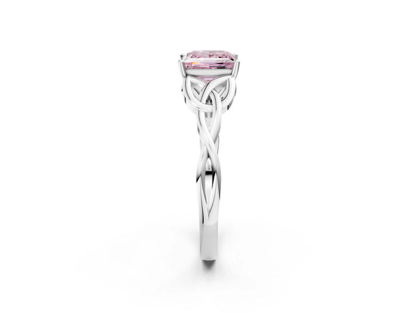 Platinum Fancy Pink Princess Cut Diamond Solitaire Celtic Knot Ring with Four-Prong Setting