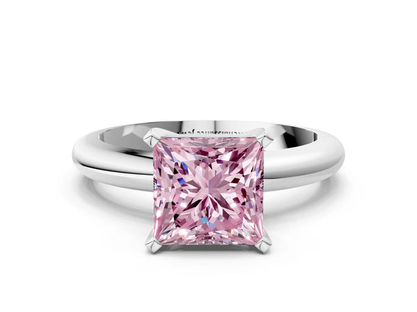 Platinum Fancy Pink Princess Cut Diamond Solitaire Engagement Ring with Round Band and Four-Prong Setting