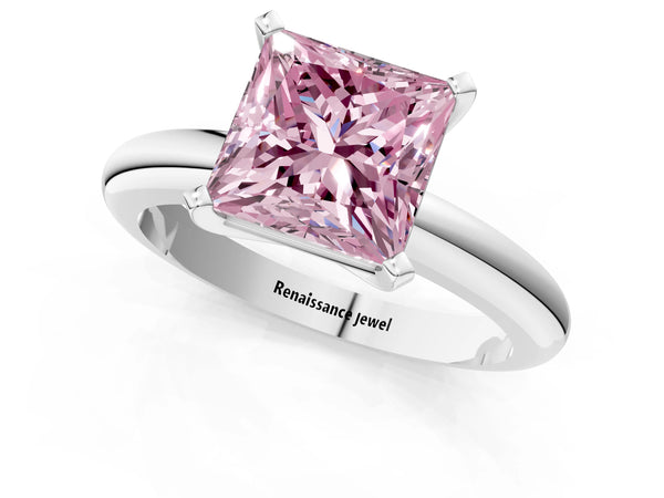 Platinum Fancy Pink Princess Cut Diamond Solitaire Engagement Ring with Round Band and Four-Prong Setting