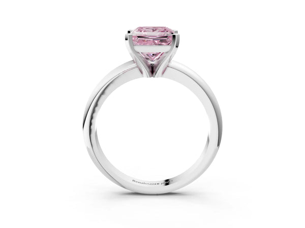 Platinum Fancy Pink Princess Cut Diamond Solitaire Engagement Ring with Round Band and Four-Prong Setting