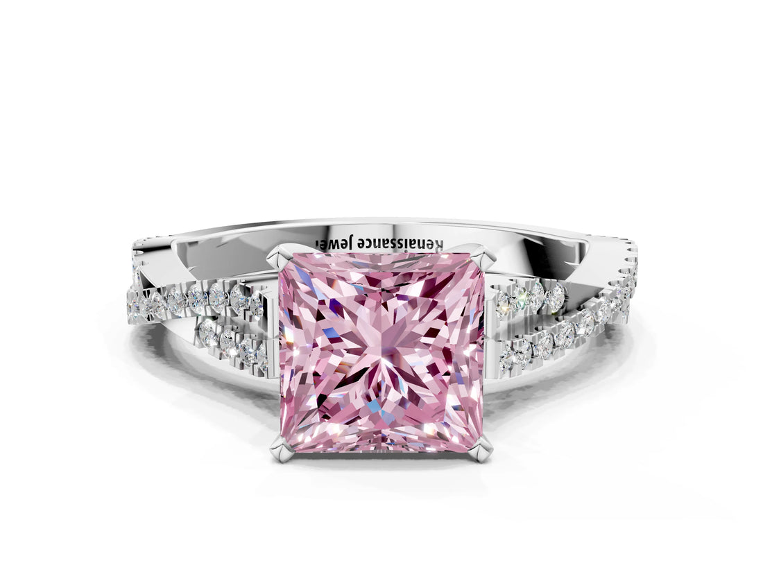 White gold Fancy Pink Princess Cut Diamond Solitaire Engagement Ring with Twisted Pavé Band and Four-Prong Setting_80