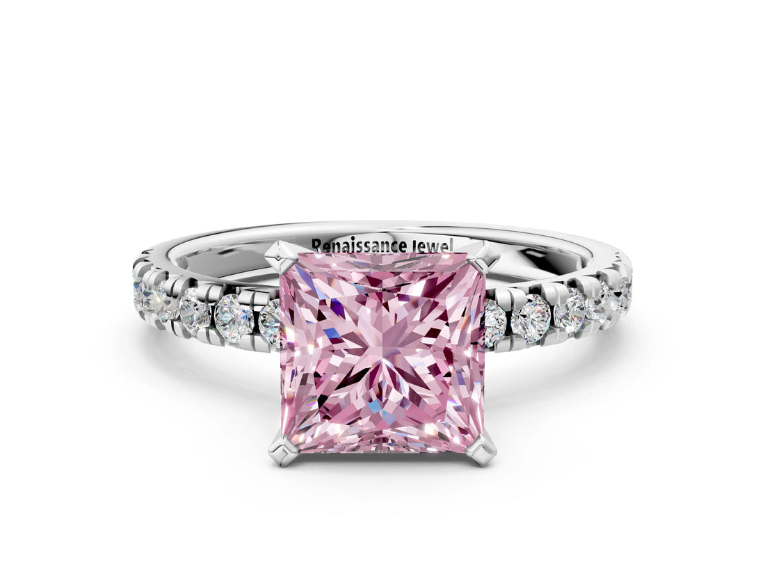 White gold Fancy Pink Princess Cut Diamond Solitaire Pavé Engagement Ring with Round Band and Prong Setting_66
