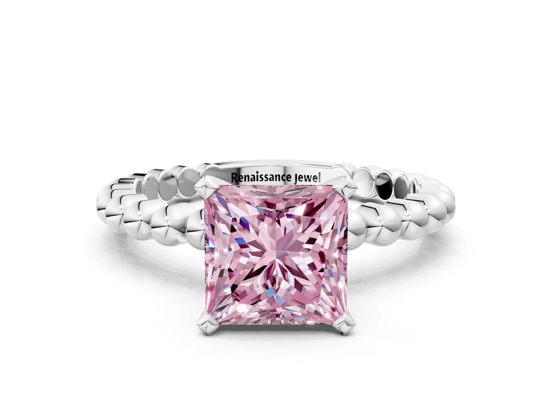 White gold Fancy Pink Princess Cut Diamond Solitaire Ring with Beaded Band and Prong Setting_118