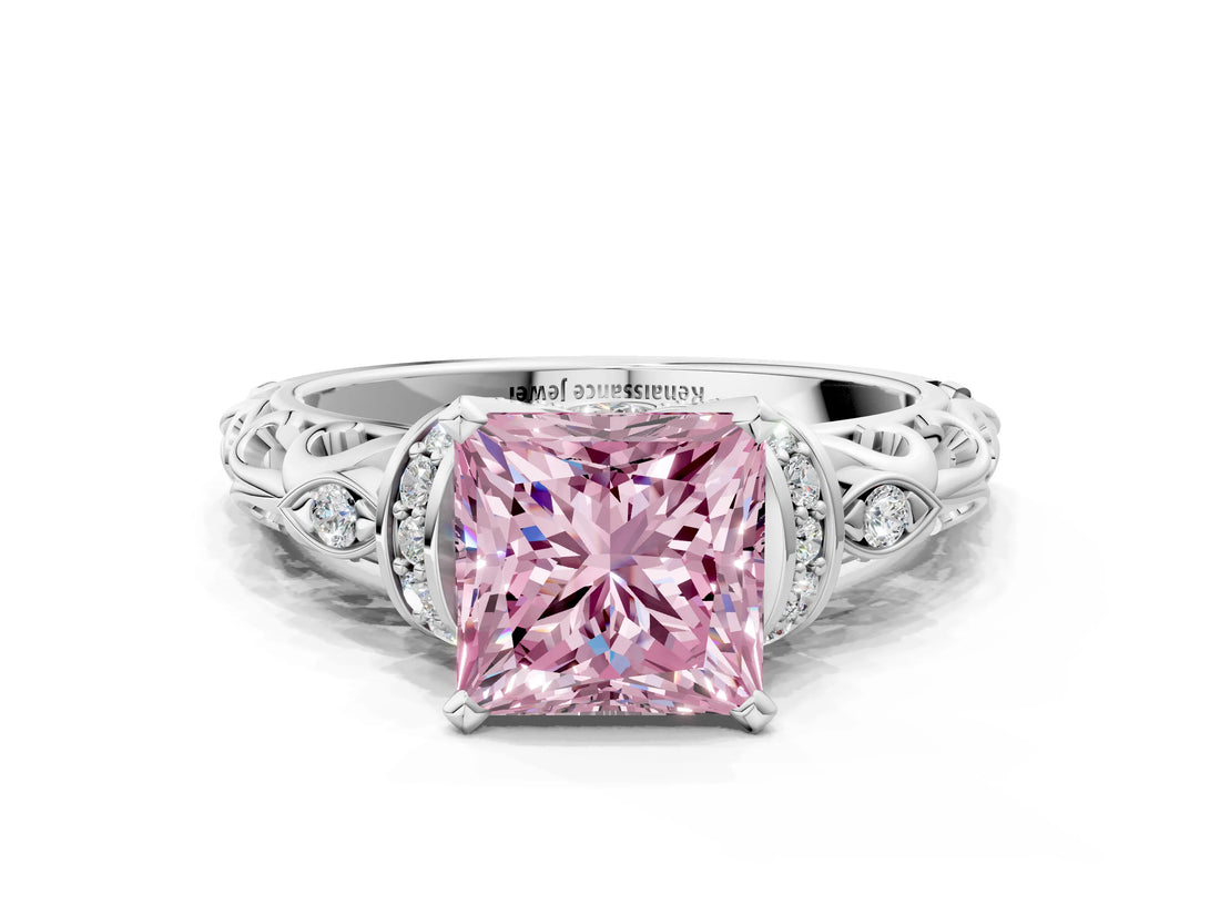 White gold Fancy Pink Princess Cut Diamond Solitaire Ring with Filigree Band and Four-Prong Setting_16