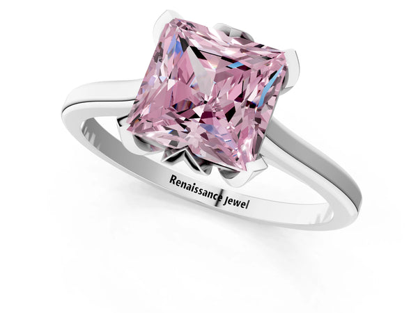 Platinum Fancy Pink Princess Cut Diamond Solitaire Ring with Flower Prong Setting and Classic Band