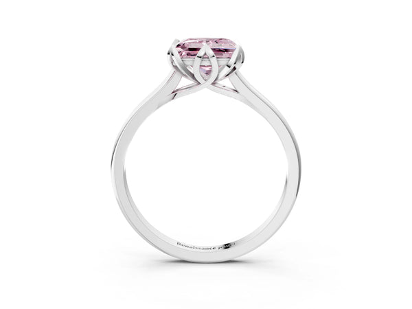 Platinum Fancy Pink Princess Cut Diamond Solitaire Ring with Flower Prong Setting and Classic Band