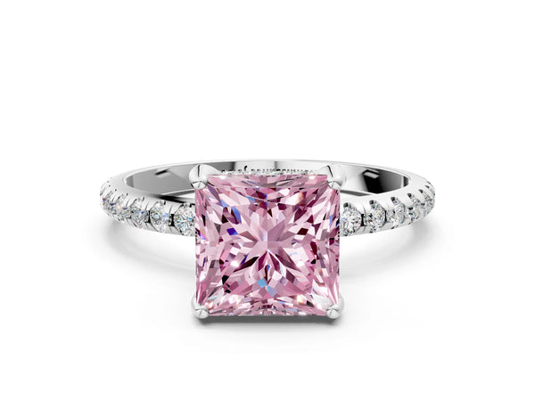 Platinum Fancy Pink Princess Cut Diamond Solitaire Ring with Four-Prong Setting and Pavé Band