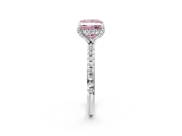 Platinum Fancy Pink Princess Cut Diamond Solitaire Ring with Four-Prong Setting and Pavé Band