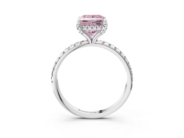 Platinum Fancy Pink Princess Cut Diamond Solitaire Ring with Four-Prong Setting and Pavé Band