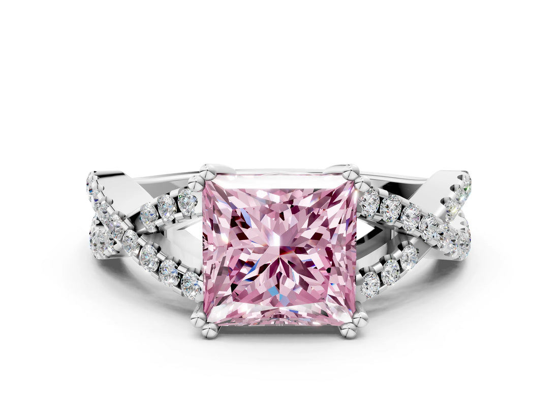 White gold Fancy Pink Princess Cut Diamond Solitaire Ring with Four-Prong Setting and Twisted Pavé Band_17