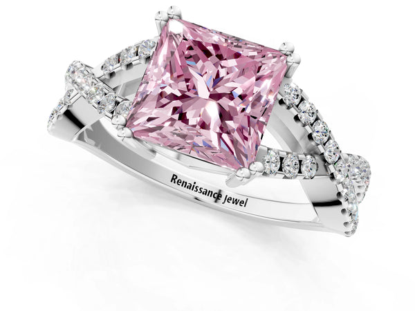 Platinum Fancy Pink Princess Cut Diamond Solitaire Ring with Four-Prong Setting and Twisted Pavé Band