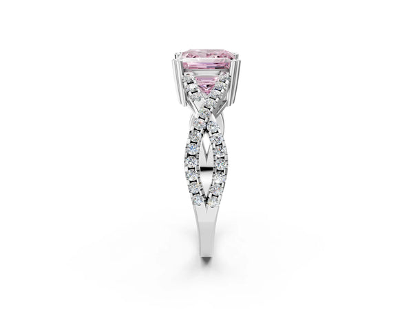 Platinum Fancy Pink Princess Cut Diamond Solitaire Ring with Four-Prong Setting and Twisted Pavé Band