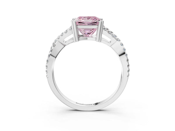 Platinum Fancy Pink Princess Cut Diamond Solitaire Ring with Four-Prong Setting and Twisted Pavé Band