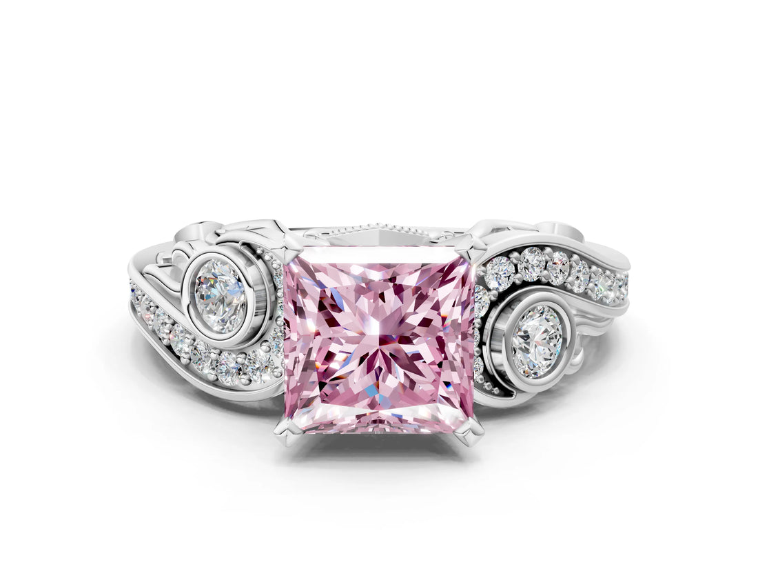 White gold Fancy Pink Princess Cut Diamond Solitaire Ring with Milgrain Pavé Band and Four-Prong Setting_53