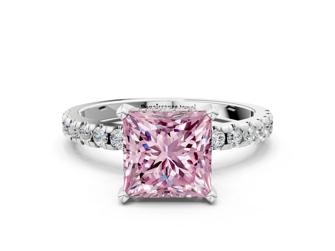 White gold Fancy Pink Princess Cut Diamond Solitaire Ring with Pavé Band and Four-Prong Setting_29