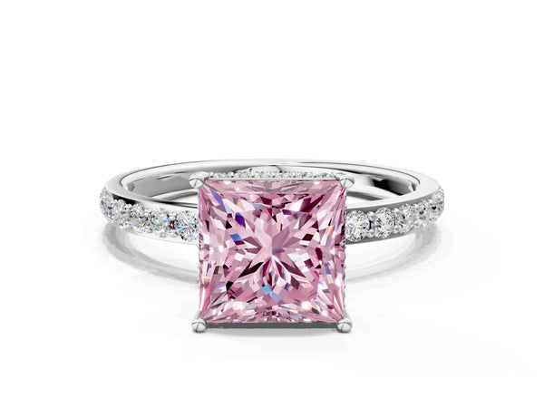 Platinum Fancy Pink Princess Cut Diamond Solitaire Ring with Pavé Band and Hidden Halo