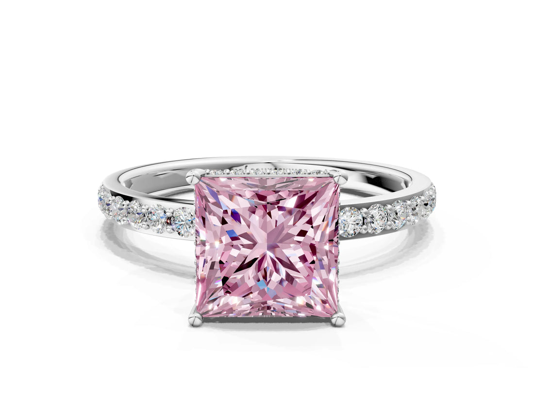 White gold Fancy Pink Princess Cut Diamond Solitaire Ring with Pavé Band and Hidden Halo_32