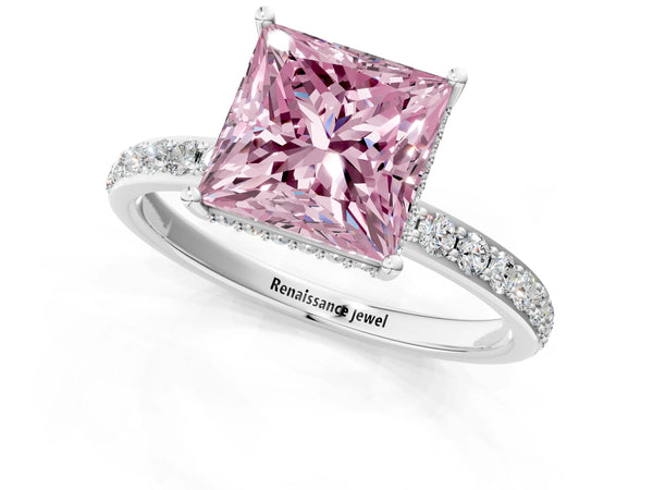 Platinum Fancy Pink Princess Cut Diamond Solitaire Ring with Pavé Band and Hidden Halo