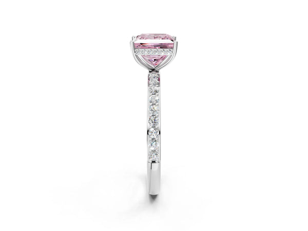 Platinum Fancy Pink Princess Cut Diamond Solitaire Ring with Pavé Band and Hidden Halo