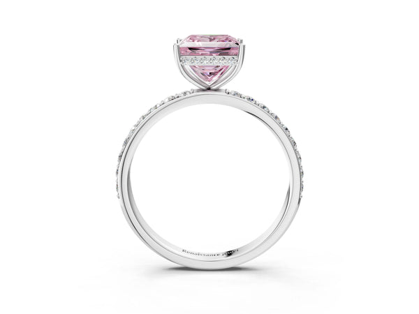 Platinum Fancy Pink Princess Cut Diamond Solitaire Ring with Pavé Band and Hidden Halo