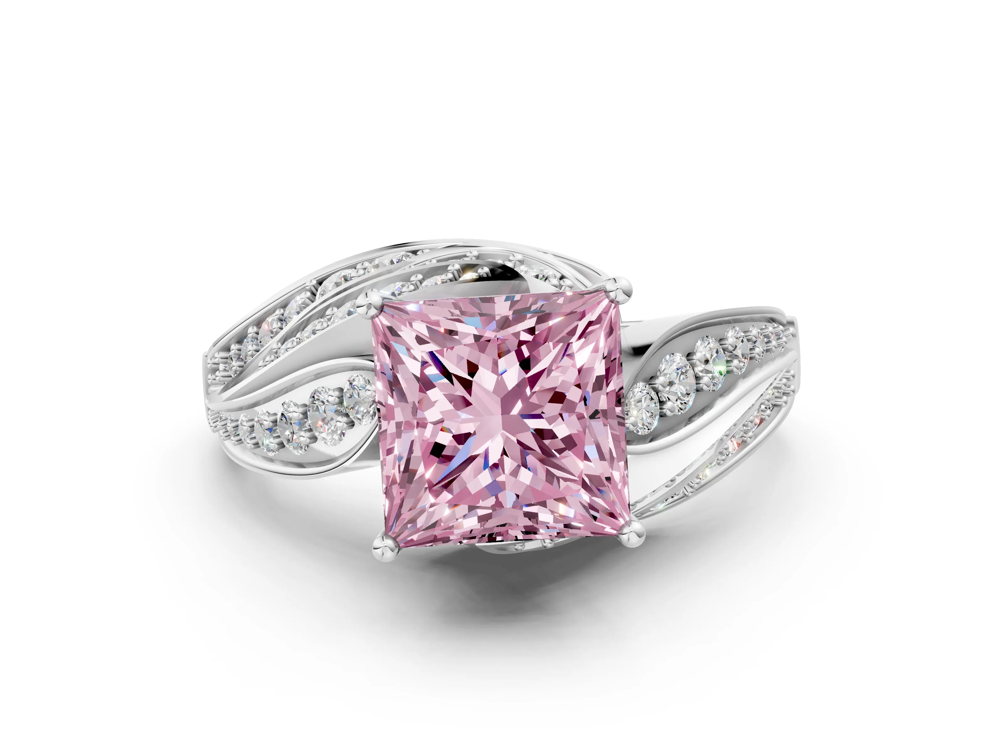 White gold Fancy Pink Princess Cut Diamond Solitaire Ring with Prong Setting and Twisted Pavé Band_24