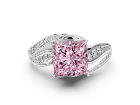 White gold Fancy Pink Princess Cut Diamond Solitaire Ring with Prong Setting and Twisted Pavé Band_24