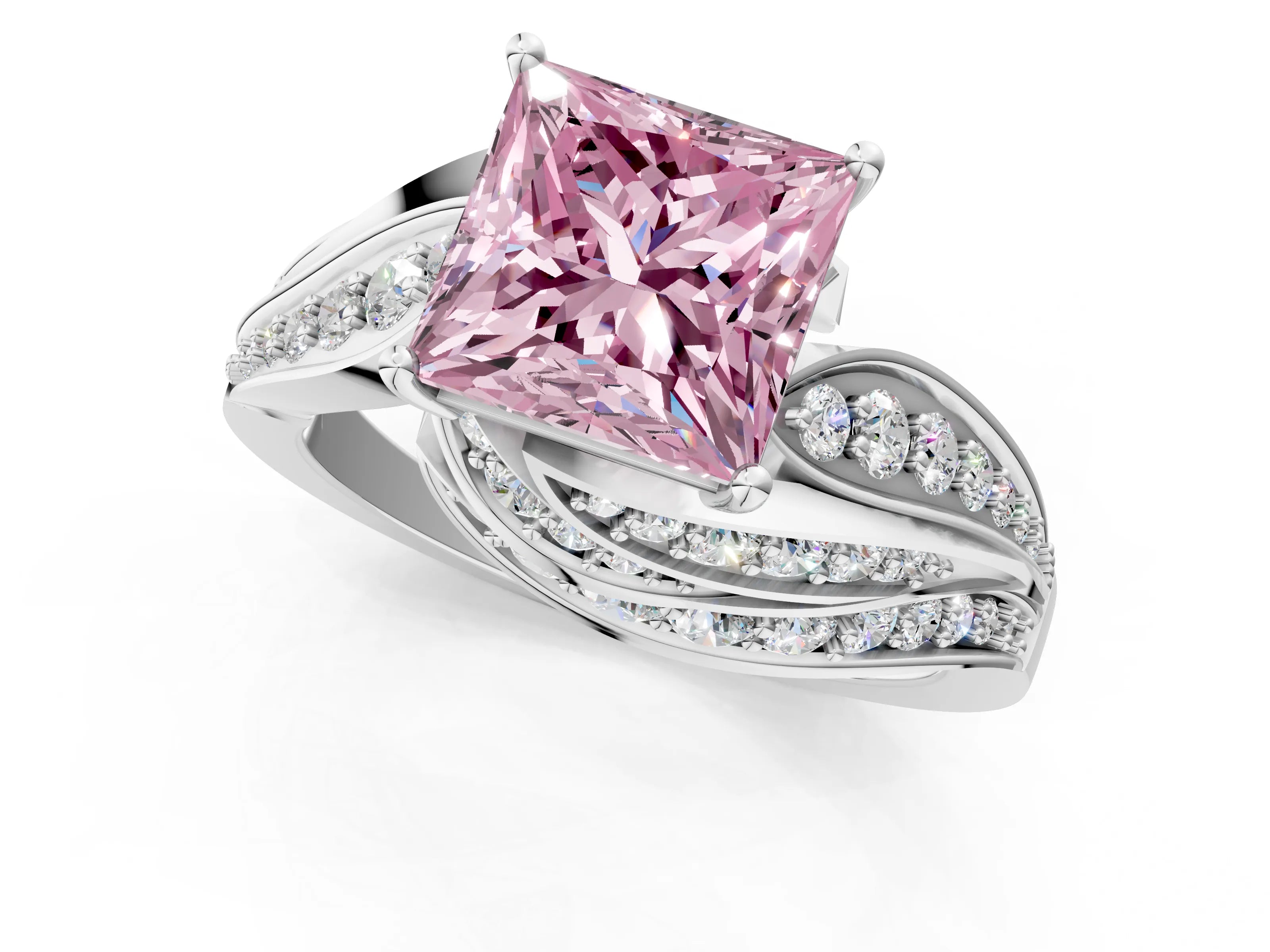 White gold Fancy Pink Princess Cut Diamond Solitaire Ring with Prong Setting and Twisted Pavé Band_25