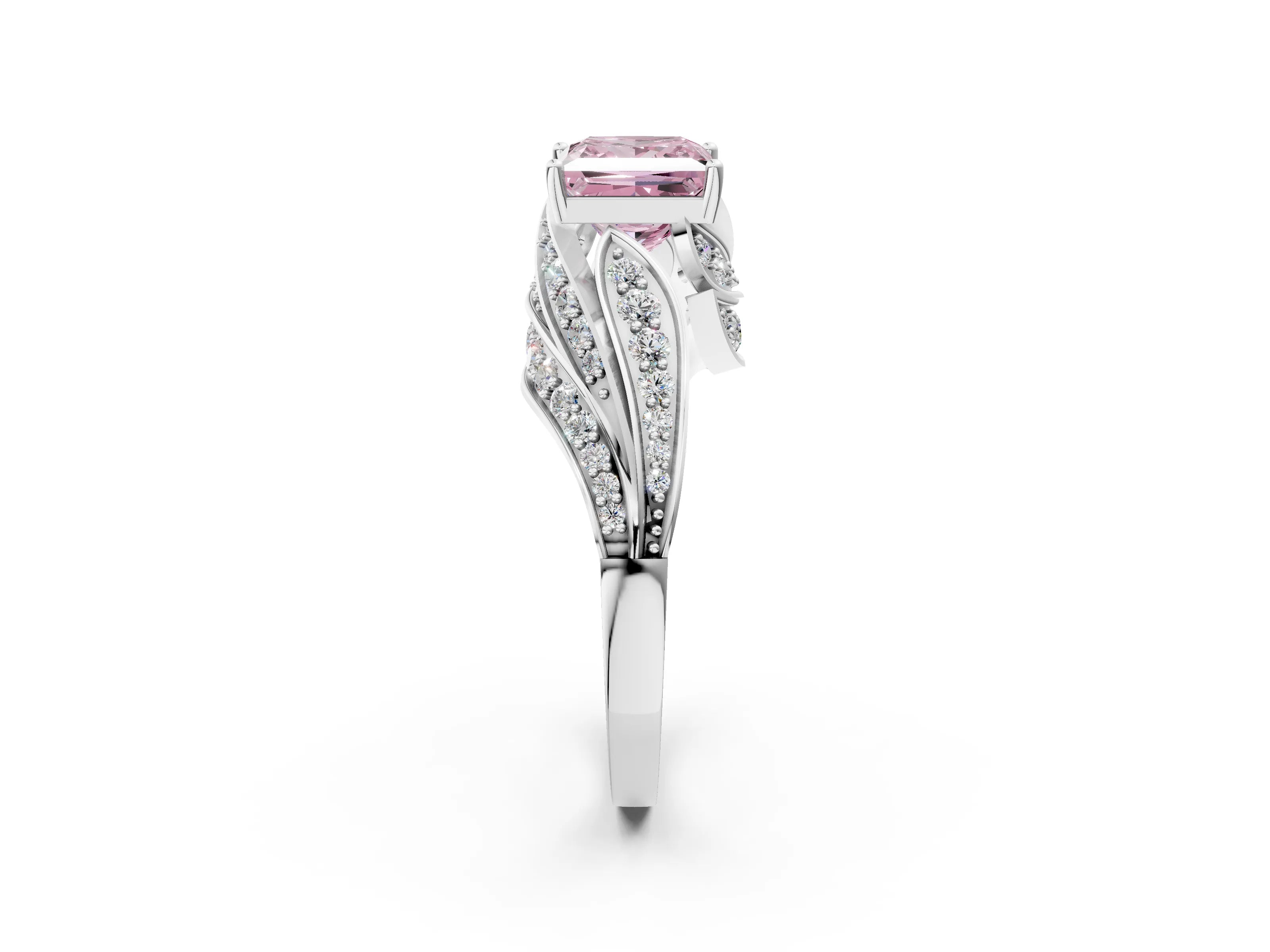 White gold Fancy Pink Princess Cut Diamond Solitaire Ring with Prong Setting and Twisted Pavé Band_26