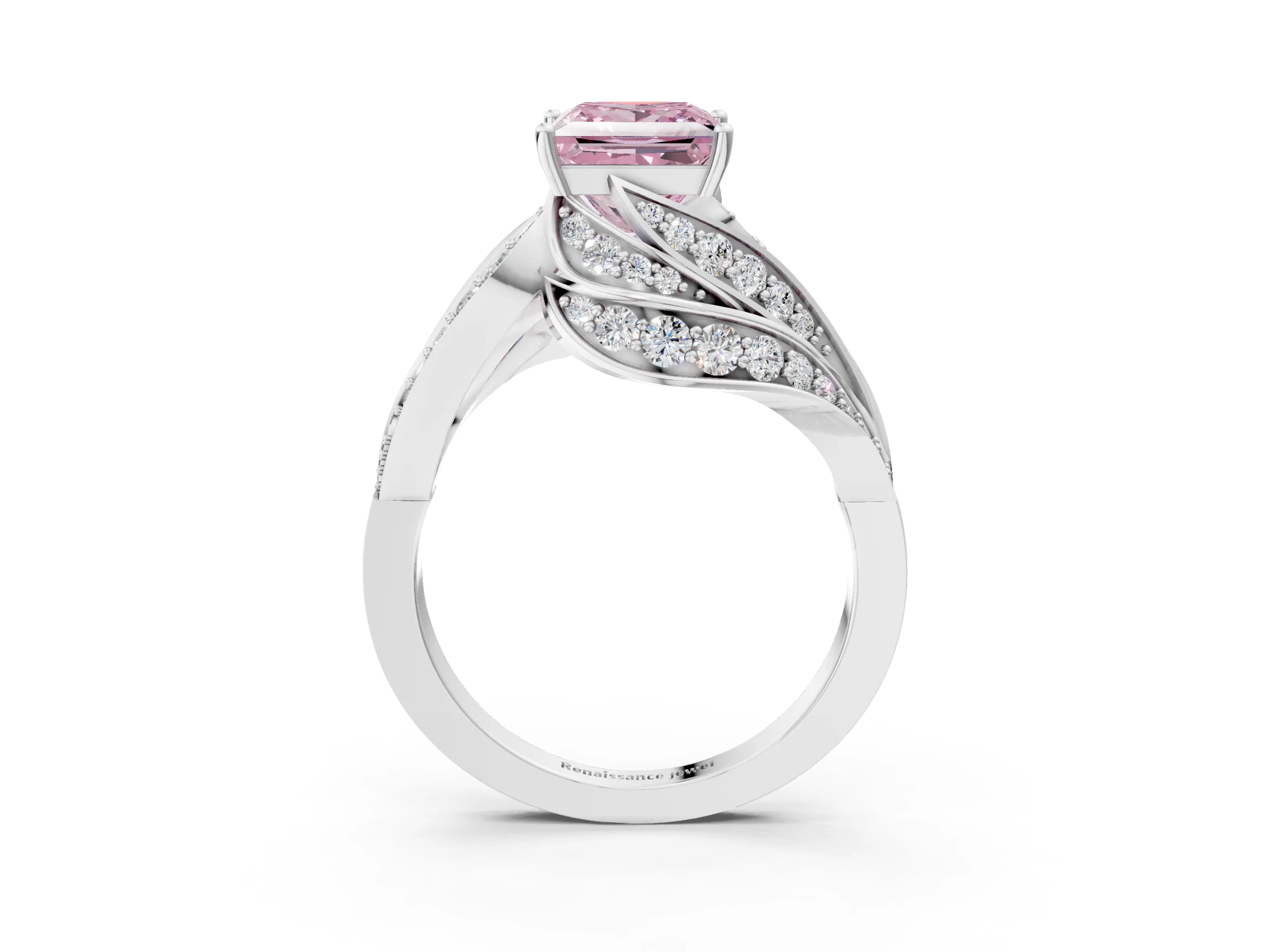 White gold Fancy Pink Princess Cut Diamond Solitaire Ring with Prong Setting and Twisted Pavé Band_27