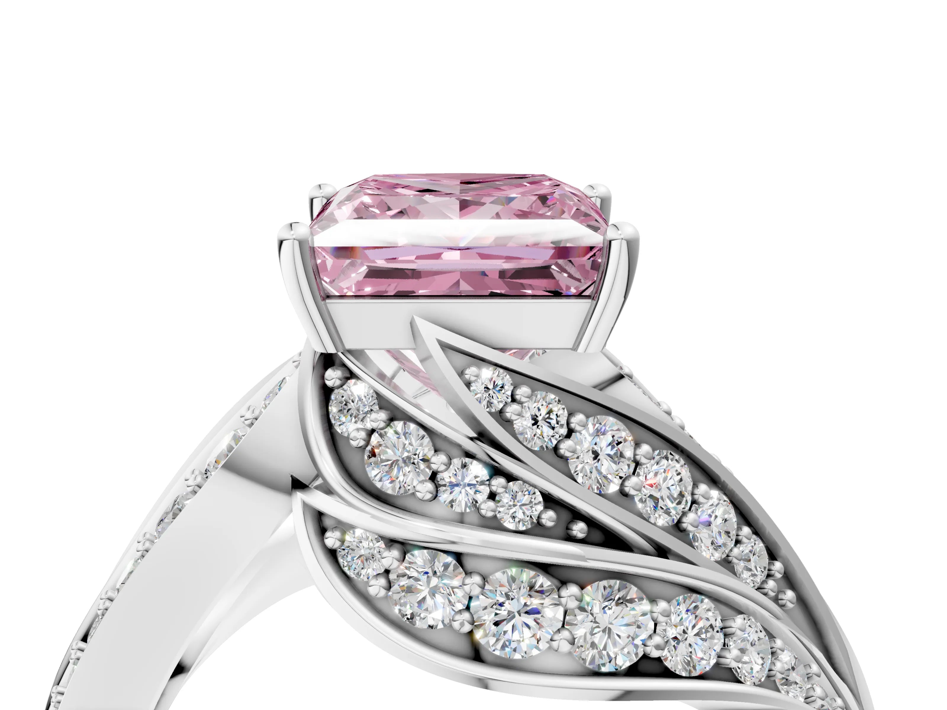 White gold Fancy Pink Princess Cut Diamond Solitaire Ring with Prong Setting and Twisted Pavé Band_28