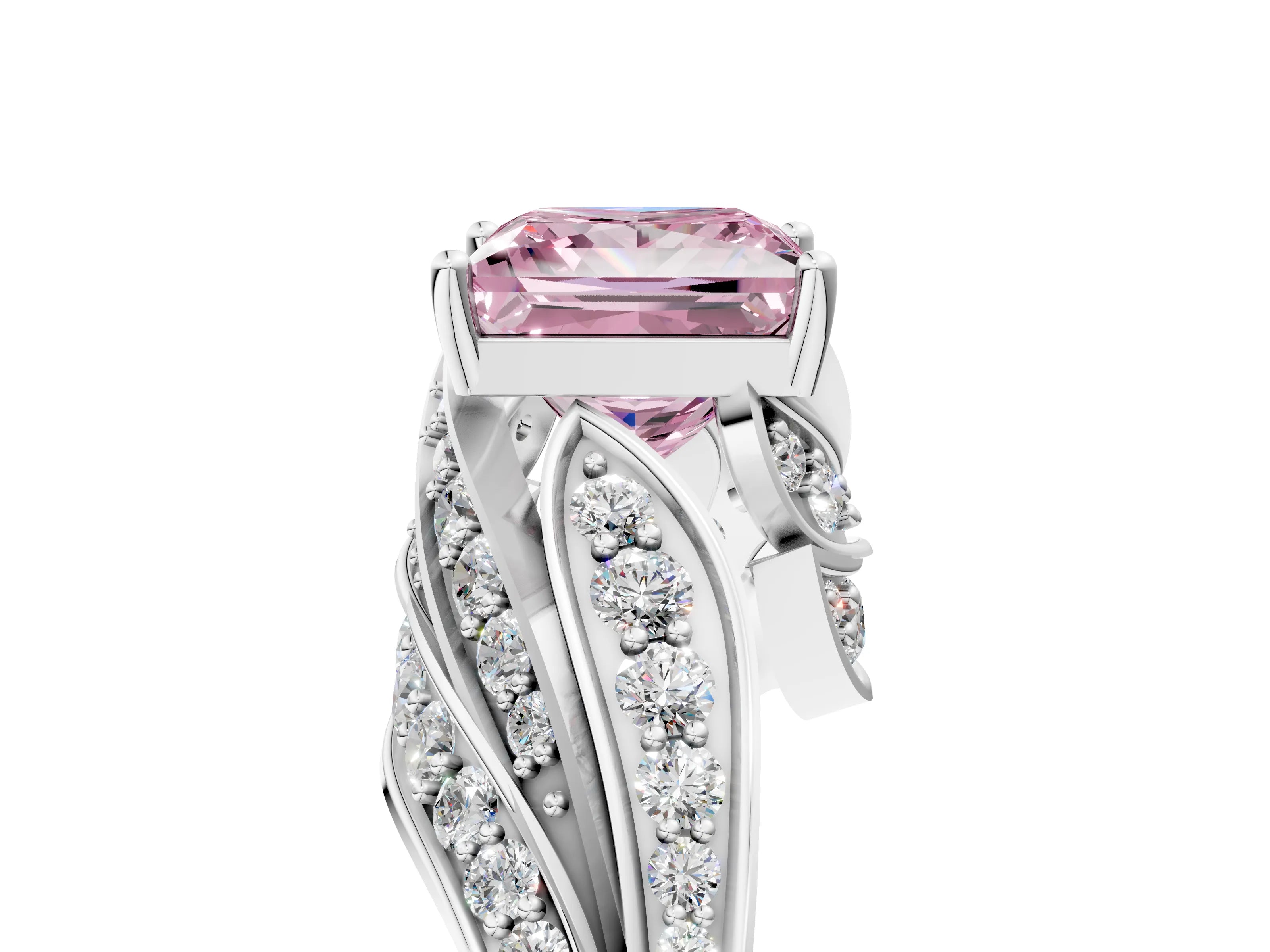 White gold Fancy Pink Princess Cut Diamond Solitaire Ring with Prong Setting and Twisted Pavé Band_29