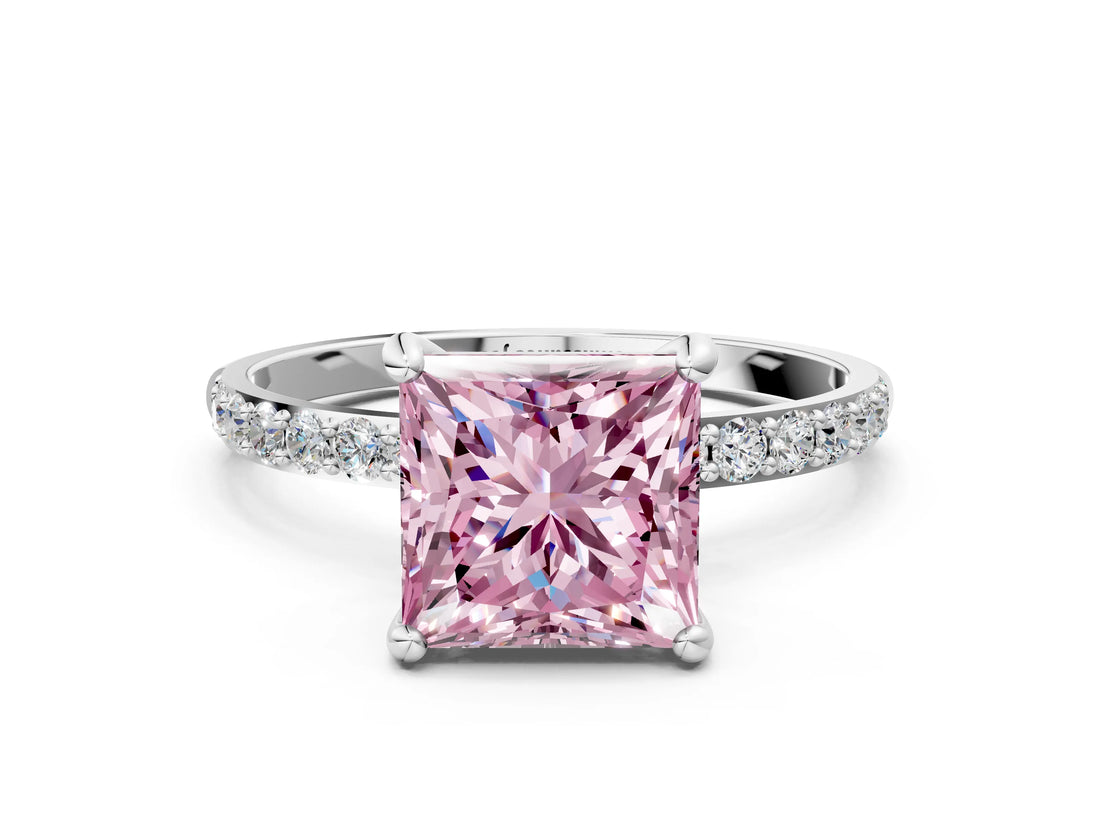 White gold Fancy Pink Princess Cut Diamond Solitaire Ring with Round  Pavé Band and Prong Setting_65