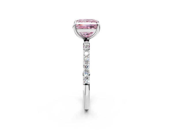 White Gold Princess Cut Solitaire Engagement Ring Setting for Fancy Pink Center with Pave Accents and Open Basket