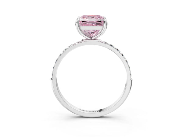White Gold Princess Cut Solitaire Engagement Ring Setting for Fancy Pink Center with Pave Accents and Open Basket