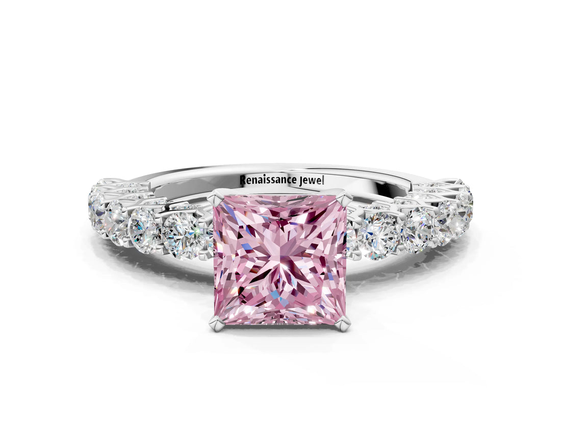 White gold Fancy Pink Princess Cut Diamond Solitaire Ring with Shared Prong Pavé Band and Four-Prong Setting_34