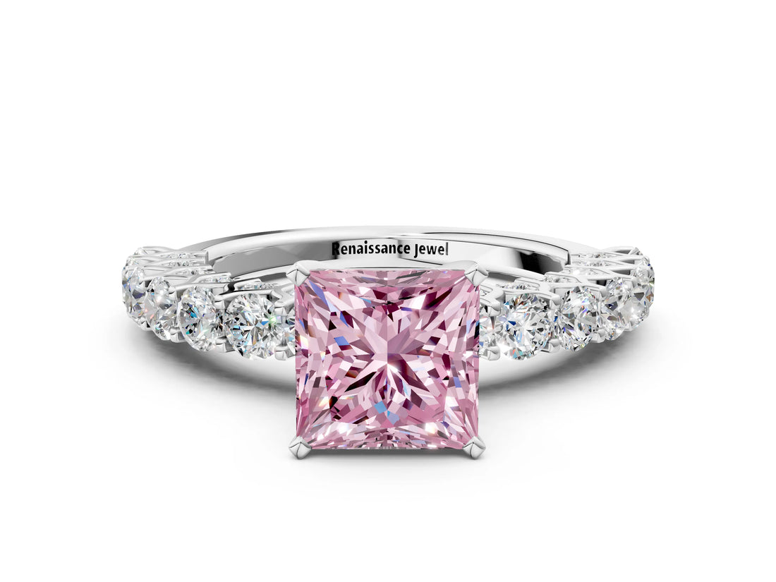 White gold Fancy Pink Princess Cut Diamond Solitaire Ring with Shared Prong Pavé Band and Four-Prong Setting_46